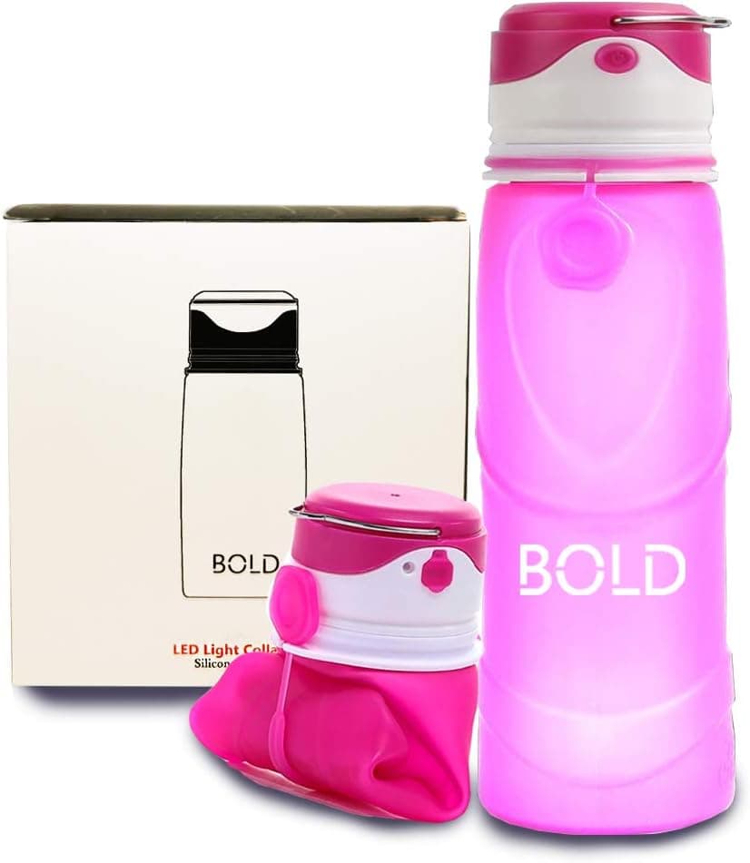 DtBold 750mL Collapsible Water Bottle Foldable Silicone Sport Kettle BPA Free Super Light Weight with Leak Proof and USB Rechargeable LED Light Portable for Camping, Hiking, Jogging, and School