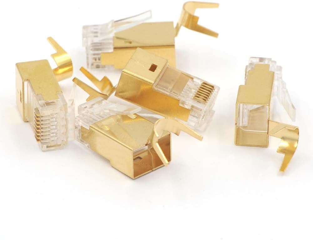 VCE 5 PCS Gold Plated Shielded RJ45 Modular Plug for Cat6A/Cat7 Cable STP Solid and Stranded Ethernet Wire - 50u Gold-Plated