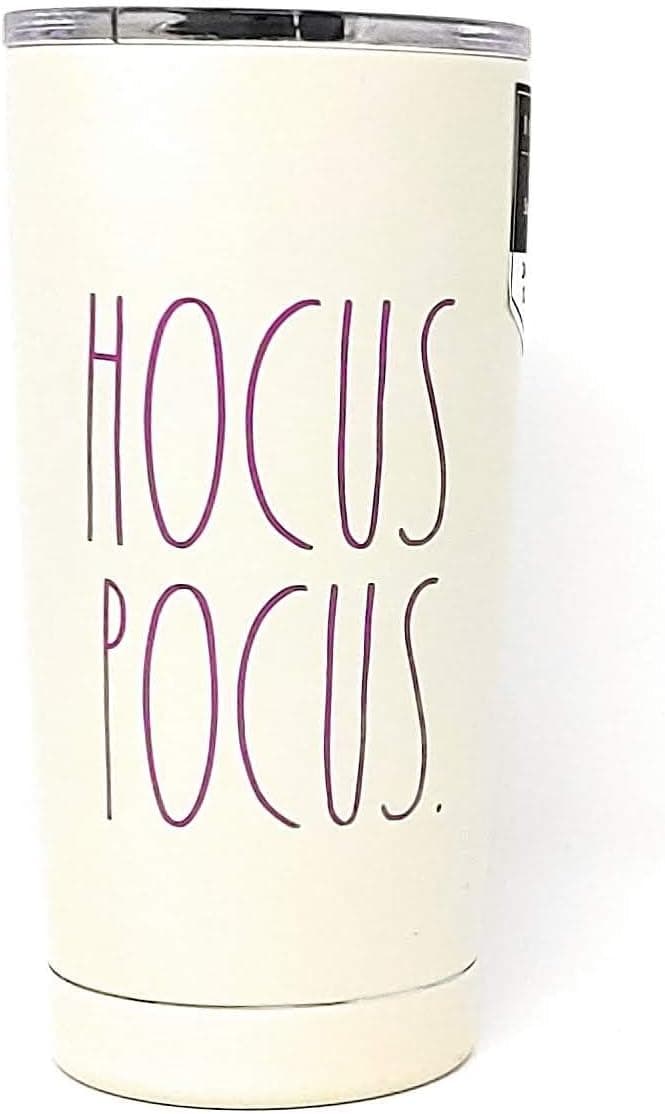 Rae Dunn by Magenta, HOCUS POCUS vacuum tumbler, 17oz, beige, purple LL