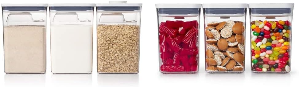 OXO Good Grips 6 Piece Large Canister Set with Scoops, 4.4 qt each, White & Good Grips 3-PC Small Square Short POP Container Set