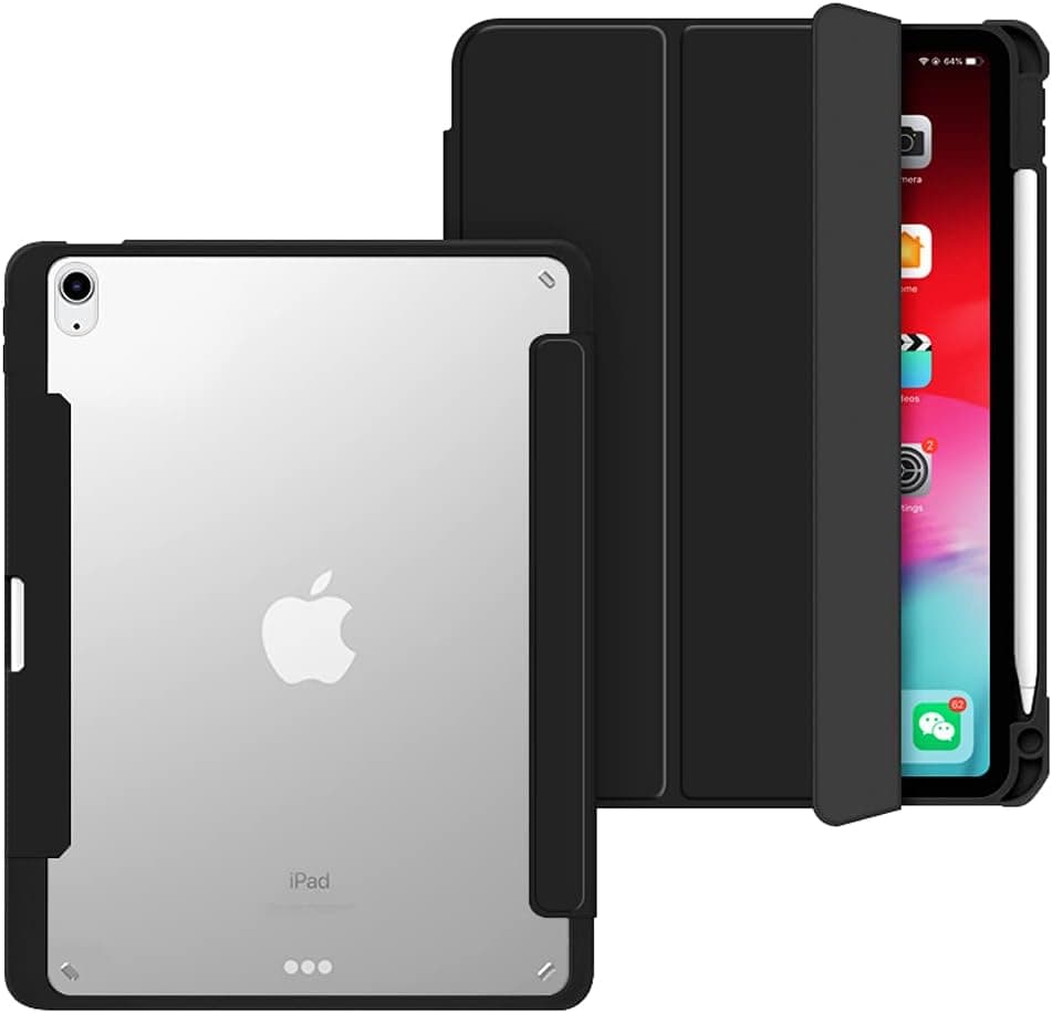 ExuCase Compatible with iPad Air 4th 2020 Case with Pencil Holder, iPad Air 5th Generation 2022 10.9 Inch Trifold Magnetic Detachable Front Case [Auto Sleep/Wake] + Clear Transparent Back Cover, Black