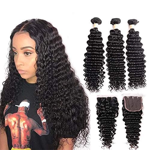 Deep Wave Bundles With Closure Brazilian Virgin Human Hair Bundles with 4x4 Lace Closure Natural Black (deep 14 16 18 +12)