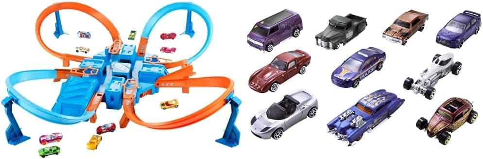 Ultimate Hot Wheels Crashing Action with the Criss Cross Crash Track Set! [Amazon Exclusive] & Set Of 10 1:64 Scale Toy Trucks And Cars For Kids And Collectors (Styles May Vary) [Amazon Exclusive]
