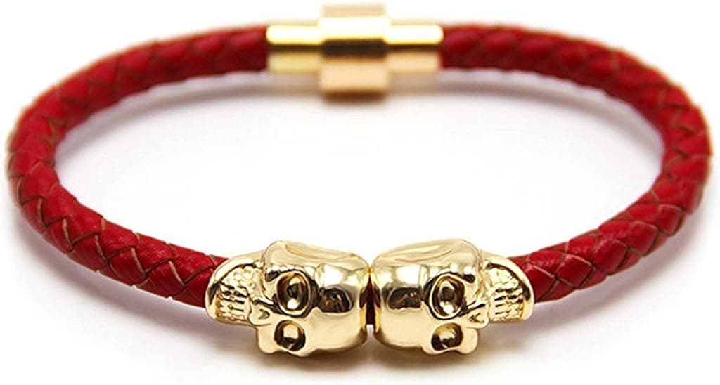 Xusamss Hip Hop Alloy Double Skull Cuffs Magnet Buckle Bracelet Bangle With Leather,8.0inches