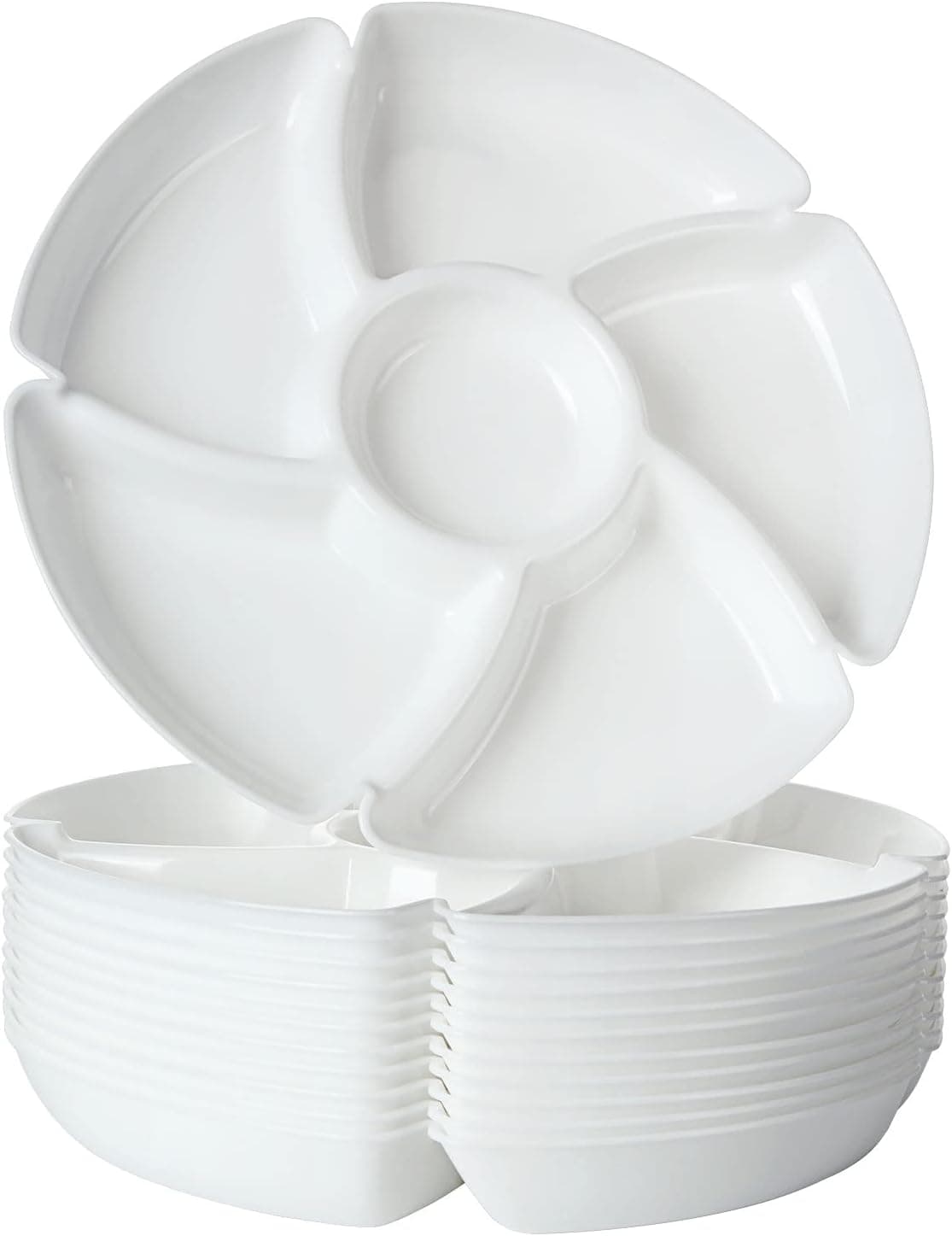 CertBuy 12 Pack Chip & Dip Serving Tray White 12.6in Round Plastic Serving Tray 6 Sectional Divided Serving Platter for Party Family