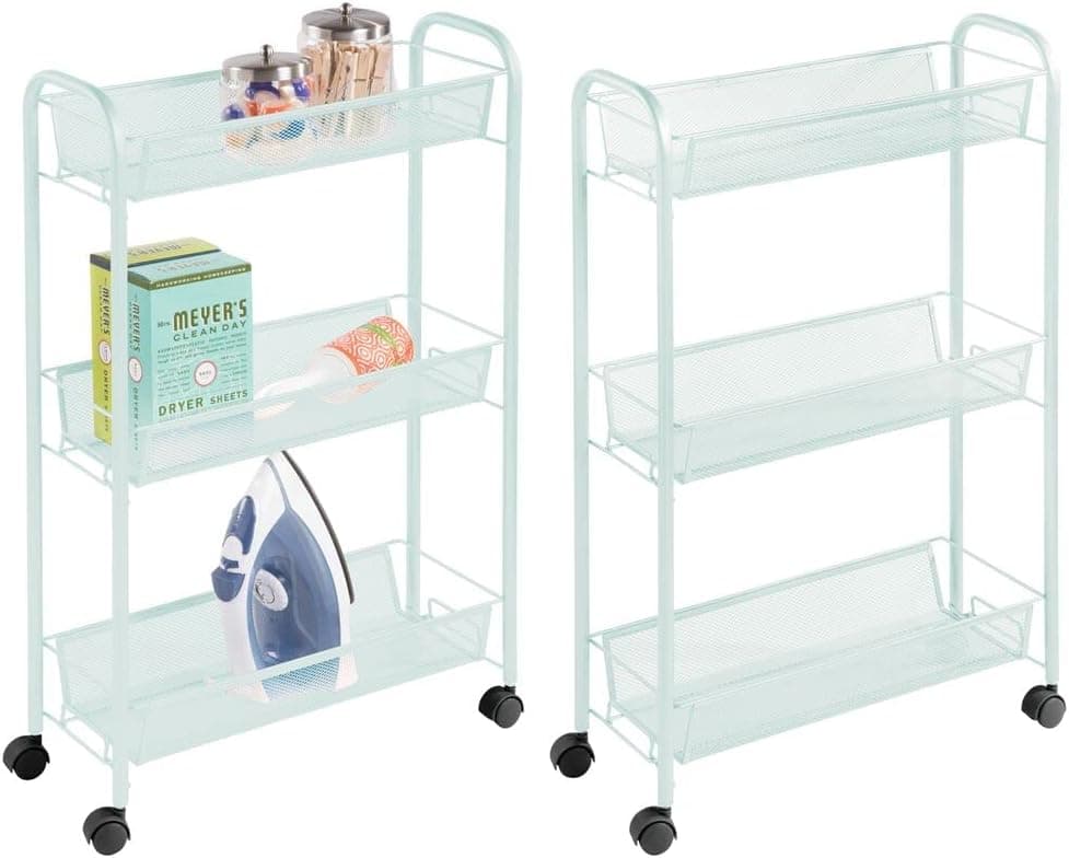 mDesign Portable Rolling Laundry Utility Cart Organizer Trolley with Easy-Glide Wheels and 3 Multipurpose Heavy-Duty Metal Mesh Basket Shelves - Durable Steel Frame - 2 Pack - Mint Green
