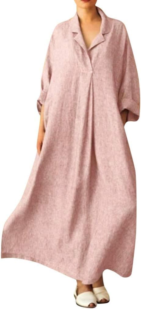 Koolee Women's Kaftan Cotton Long Sleeve Plain Casaul Oversized Maxi Long Shirt Dress Split Hem Dress (XXXL, Pink)