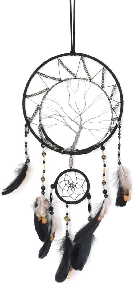 KERIQI Tree of Life Dream Catcher Wall Decor Black Feather Traditional Circular Net for Wall Hanging Decor, Bedroom Kids, Home Decoration, Art Ornament Craft Gift (17 Inches)