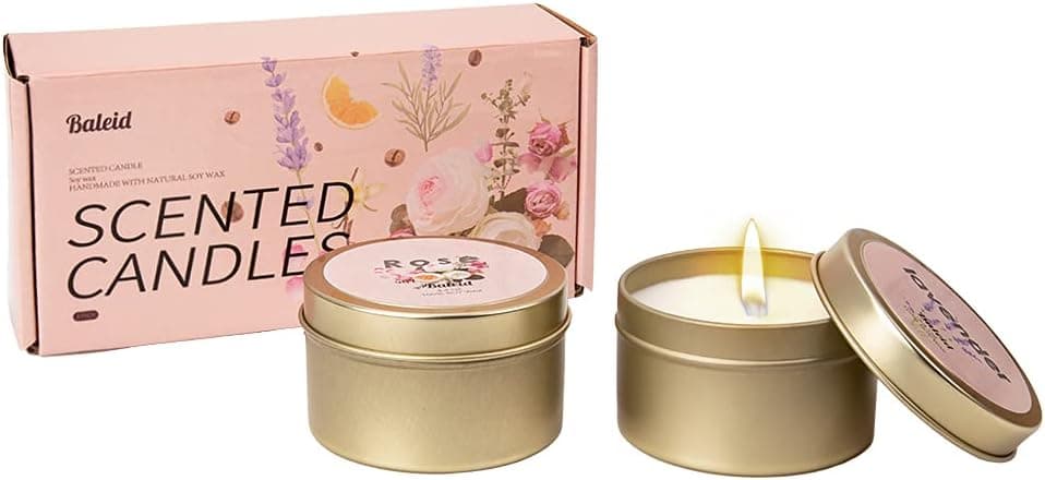 Baleid Scented Candles Clearance Gift Set of 2 Pack Bulk, 100% Natural Soy Wax 4.4 OZ/Jar with Cover Small Portable Travel Tin for Women Lavender Rose Fragrance Aromatherapy for Home Bath Yoga Spa