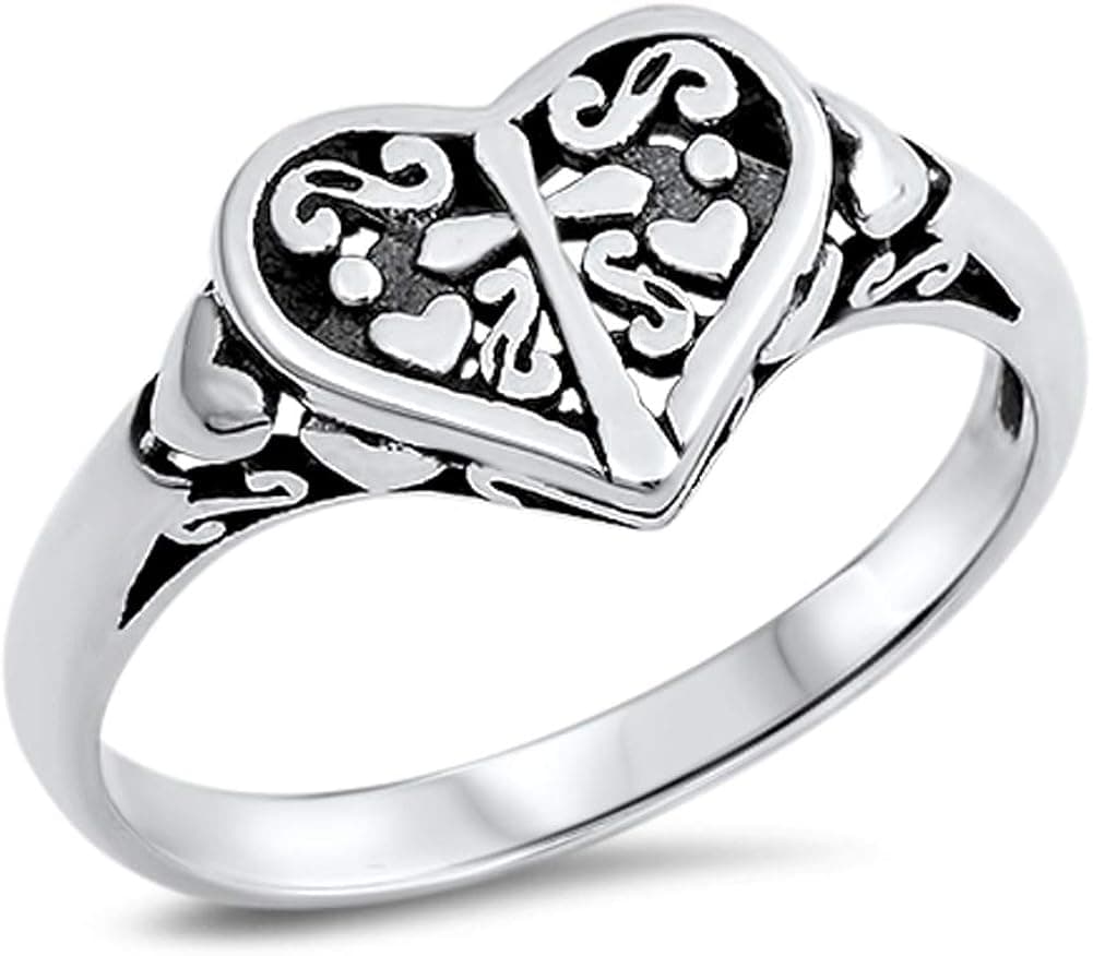 Filigree Heart Cross Oxidized Purity Ring .925 Sterling Silver Band Sizes 5-10