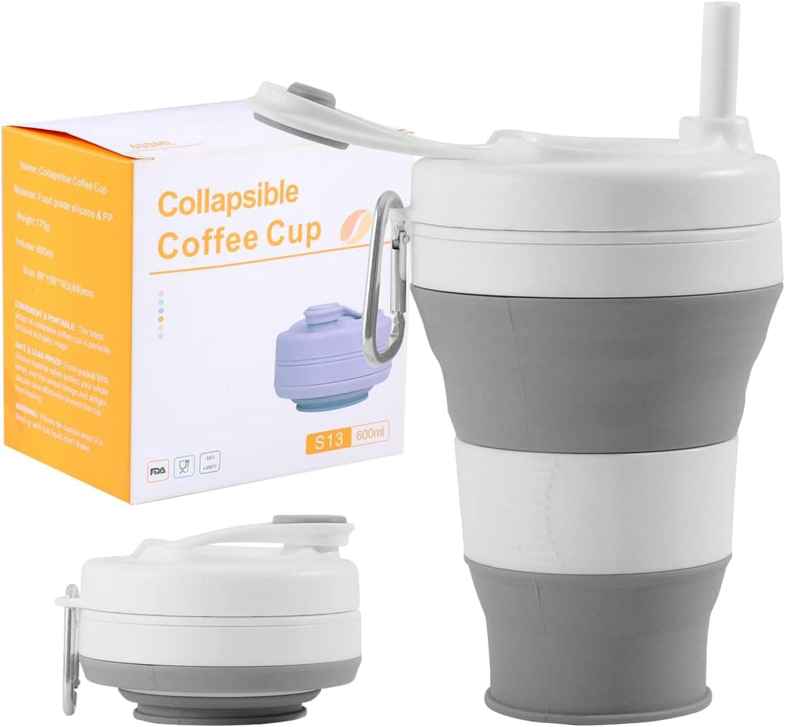 YEEWORIG 600 ml Collapsible Travel Cup with Lid & Straw, 20.3 oz Foldable Coffee Mug, Leak-Proof Portable Camping Cup/Silicone Water Bottle for Hot & Cold Drinks (Grey)