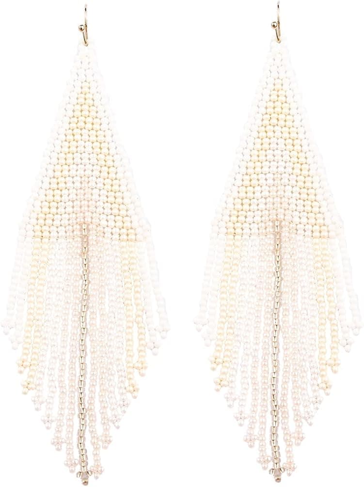 Luluping Long Beaded Dangle Earrings – Boho Native Handmade Seed Bead Tassel Earrings for Women, Bohemian Large Statement Beaded Drop Fringe Earrings