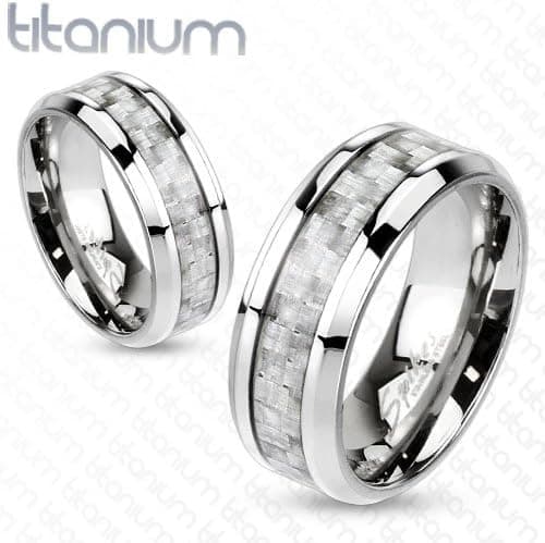 Jinique TIR-0031 Solid Titanium Silver Carbon Fiber Inlay Center Band Ring; Sold by Piece