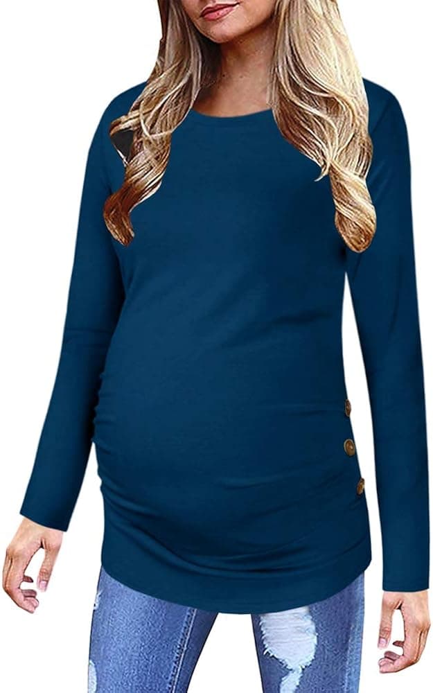 Chuanqi Maternity Shirt Side Button and Ruched Tunic Tops Maternity Long Sleeve T-Shirts