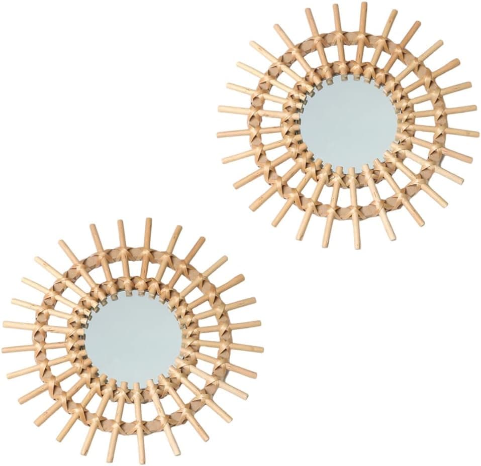 OYPEIP 2 Pack 11" Rattan Innovative Art Decoration Round Makeup Mirror Dressing Bedroom Bathroom Wall Hanging Mirrors Craft Photo Props…