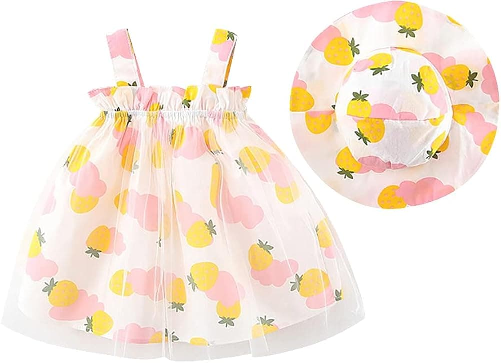 IDOPIP Baby Girl Tutu Dress Summer Sleeveless Backless Princess Birthday Party Dresses Flower Bow Sundress with Straw Hat Set