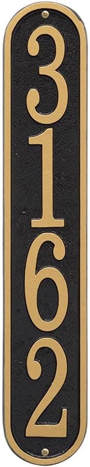 WHITEHALL Address Sign House Numbers for Outside Modern Address Signs for Houses Cast Metal Address Plaque, Vertical Oval 3.5" x 19" - Black with Gold Numbers