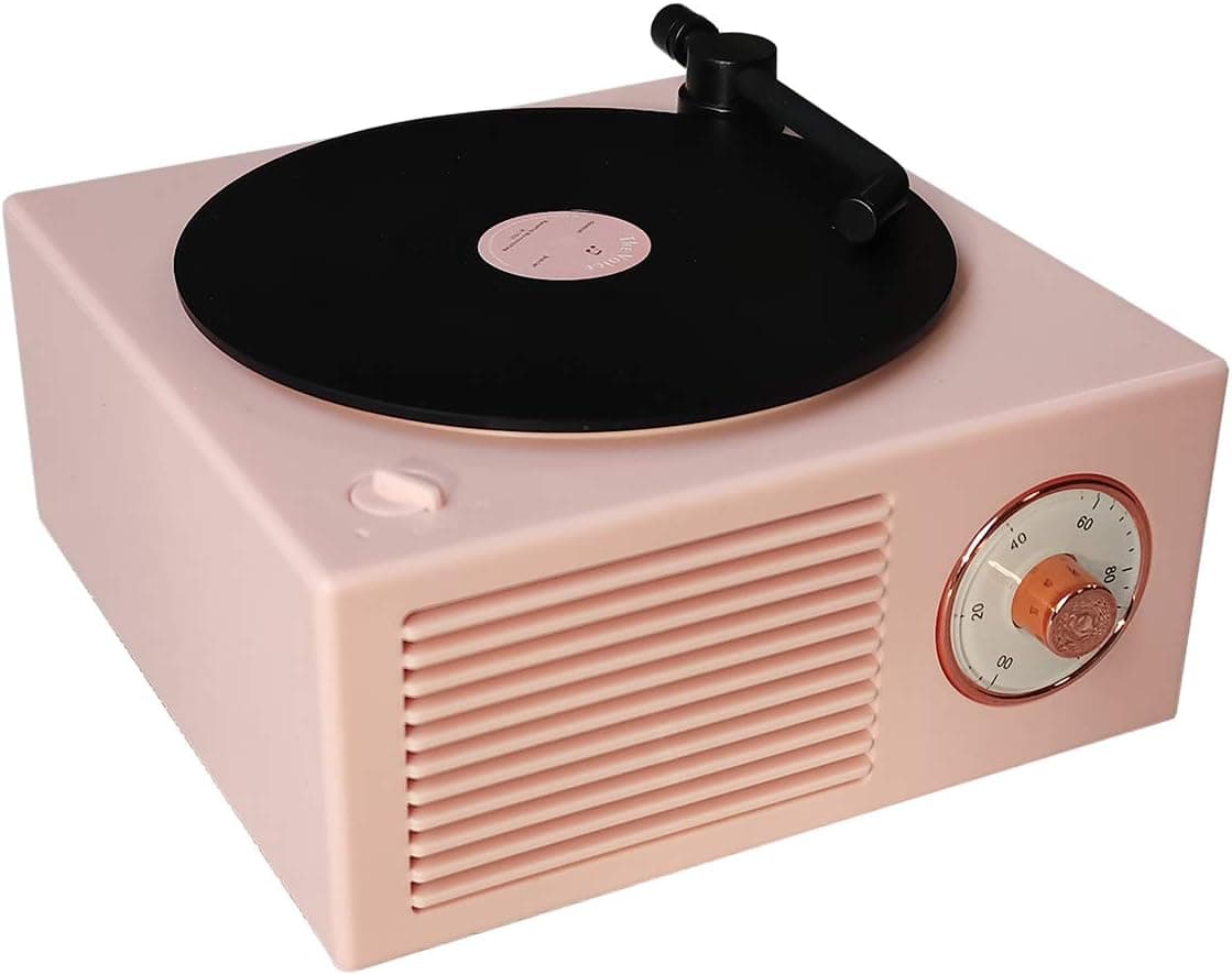 KintiSun Old Fashioned Classic Style Bluetooth Speaker Pink Vinly Record Player Style Cute Look Creative Gift for Girls Bass Enhancement Loud Volume Speaker