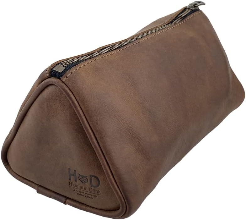 Hide & Drink, Soft Leather Travel Dopp Kit for Toiletries, Personal Care Essentials Handmade - Bourbon Brown