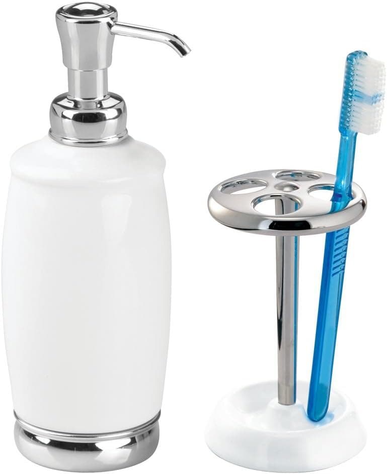 iDesign York Ceramic Soap Dispenser Pump and Toothbrush Holder Stand for Master, Guest, Kids' Bathroom Countertops, Set of 2 - White and Chrome