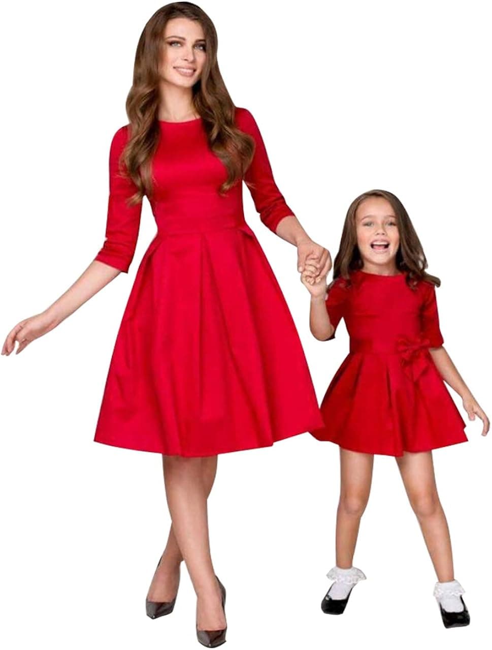OMZIN Mommy and Daughter Boho Printed High Waist Casual Dress Red 6-7 Years