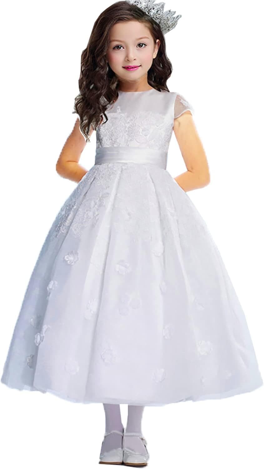 DZdress Kids Appliques Pageant Wedding Flower Girl Dresses Tulle with Bow