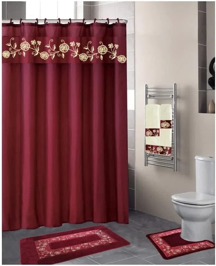 18 Piece Shower Curtain Set with Rugs and Accessories Embroidery Non Slip Bathroom Rug Mats and Rug Contour Including an Elegant Matching Curtain with 3 Piece Towel Set,Ring Hooks (Louissa Burgundy)