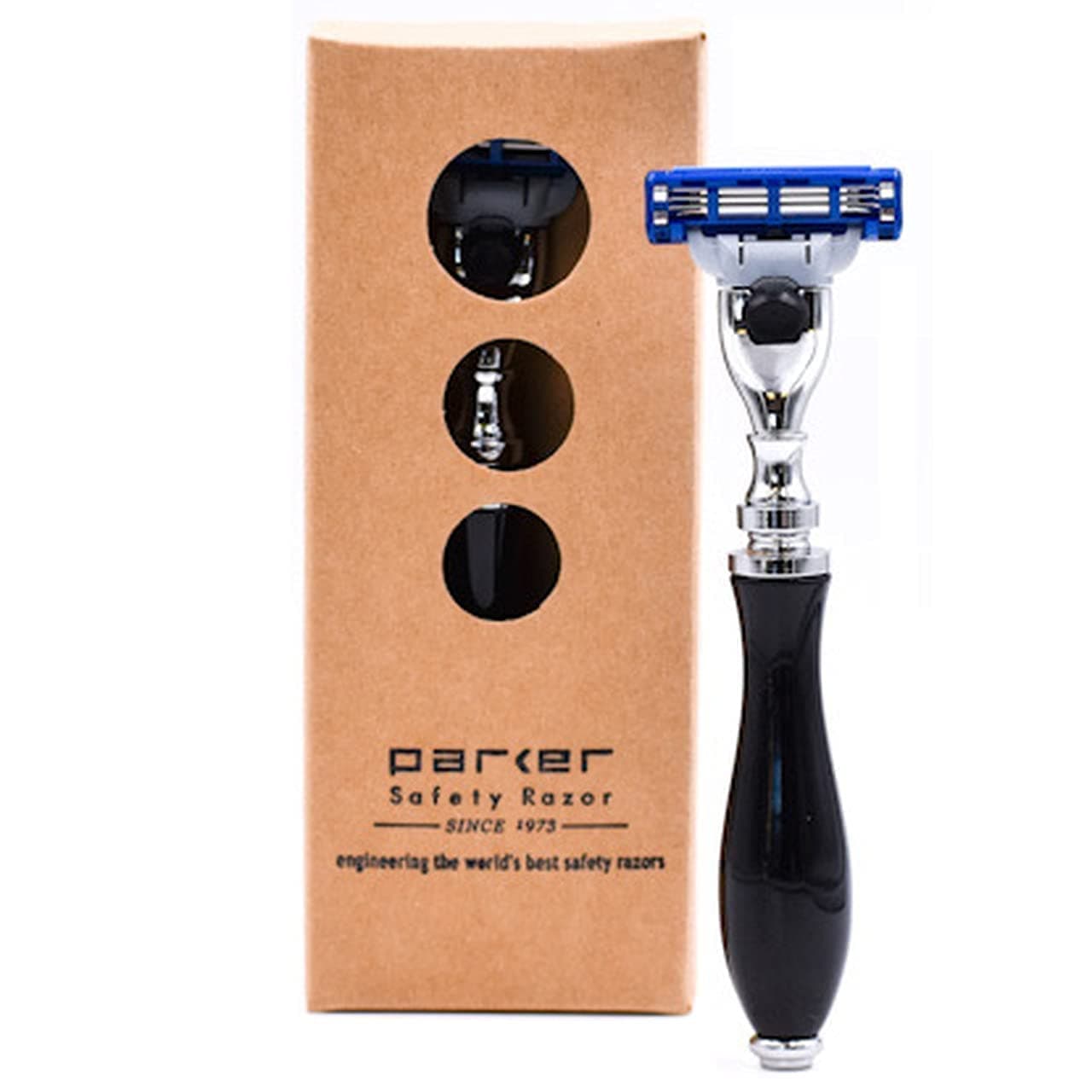 Parker Safety Razor Deluxe Gillette Mach 3 Compatible Razor For a Close Shave – Premium Black Resin Handle with Chrome Trim – One Gillette Mach 3 Triple Blade Cartridge Included