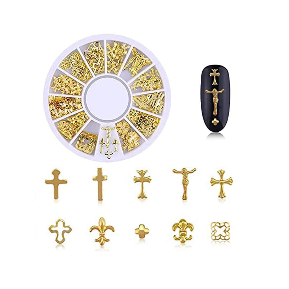 600Pcs(3 Box) Cross Series 3D Nail Art Charms Accessories 12 Boxes Gold Metal Punk Star Moon Heart Triangle Square Rivet Gems Nail Art Jewels Decal for Girls Fingernails & Toenails Decorations Tips