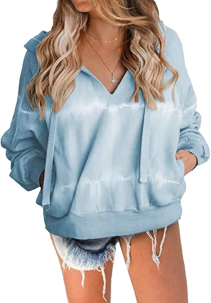 ALLUMK Women Casual Tie Dye Print Hoodies V Neck Long Sleeve Pullover Sweatshirts with Pockets