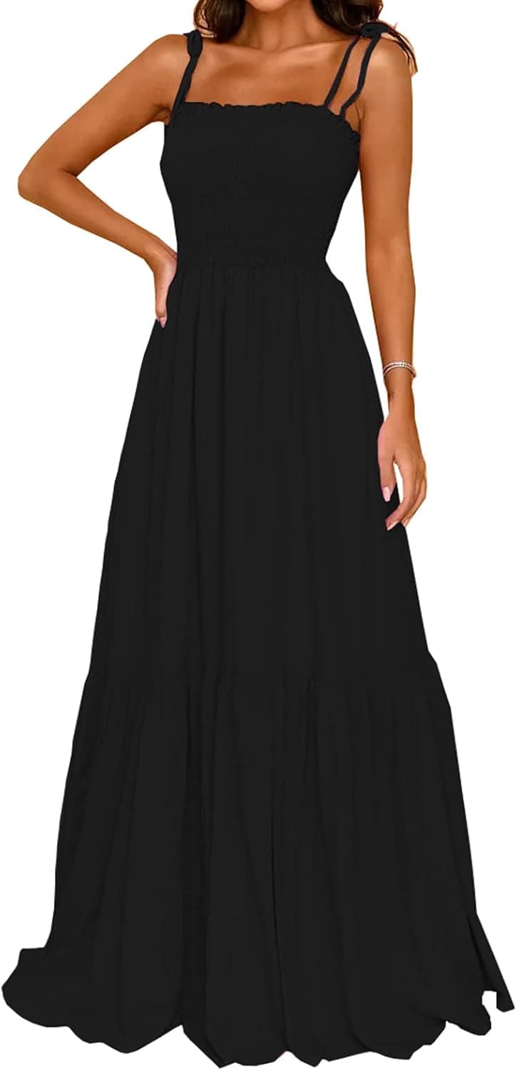 kinstell Women's 2023 Summer Casual Boho Sleeveless Spaghetti Strap Smocked Square Neck Ruffle A Line Beach Long Maxi Dress