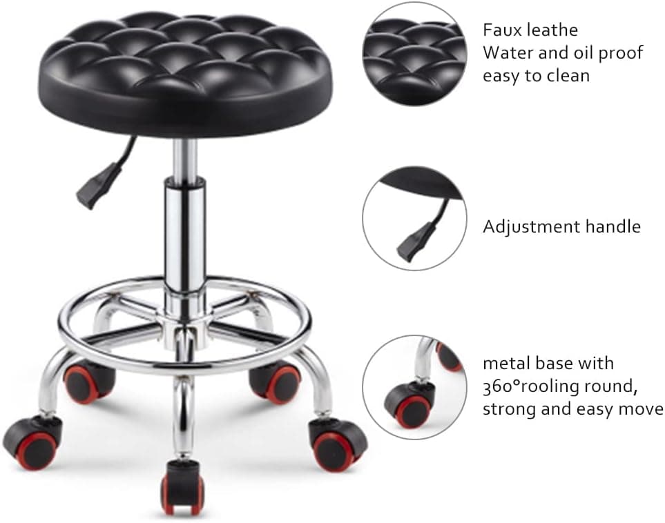 Rolling Salon Stool Beauty Stool Barber Shop Bread Stool rotatable Pulley Lift Small Round Stool Hairdressing Large Stool PU Leather Cushioned