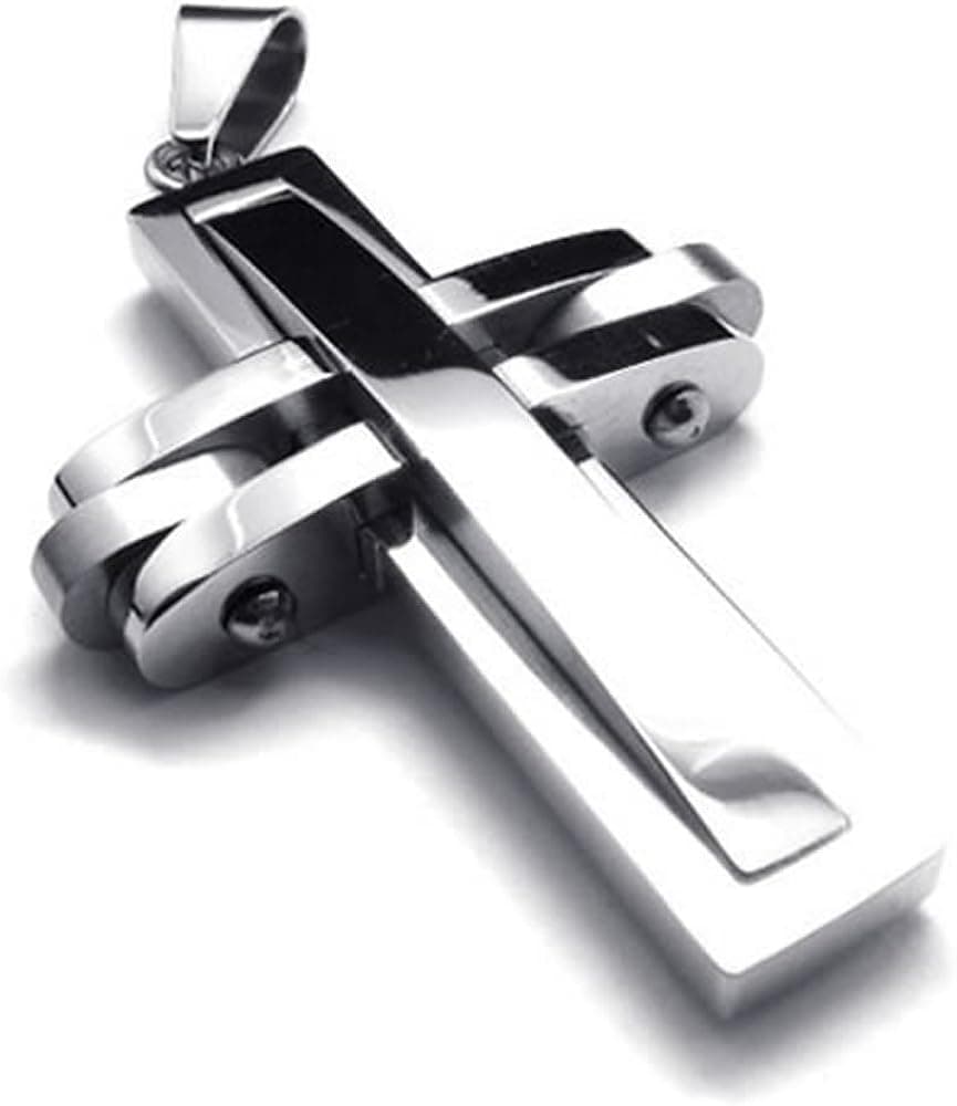 KONOV Polished Silver Stainless Steel Necklace Cross Mens Womens Pendant 24 inches Chain