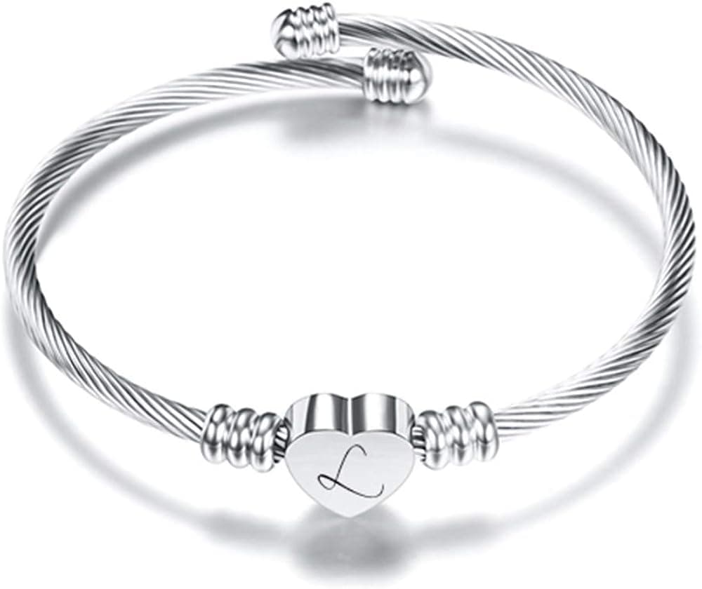 NIBASTAR Heart Initial Bracelet for Women Girls 26 Letter Charm Name Cuff Bracelet Silver L