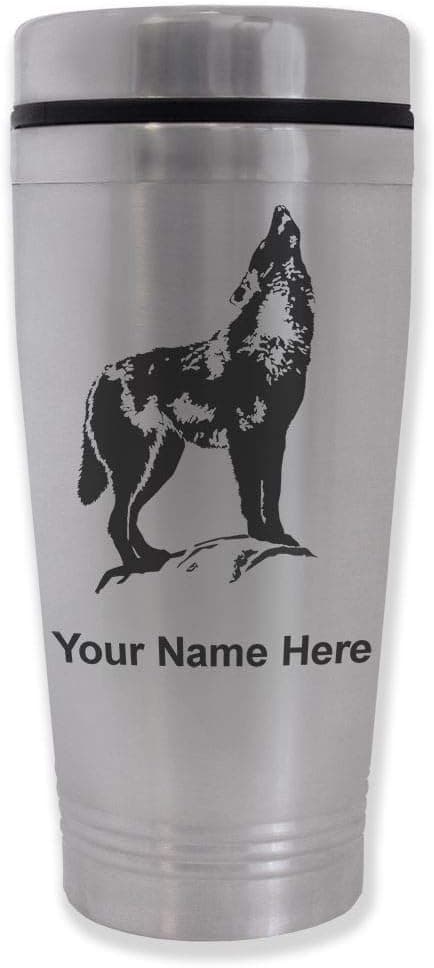 LaserGram 16oz Commuter Mug, Howling Wolf, Personalized Engraving Included