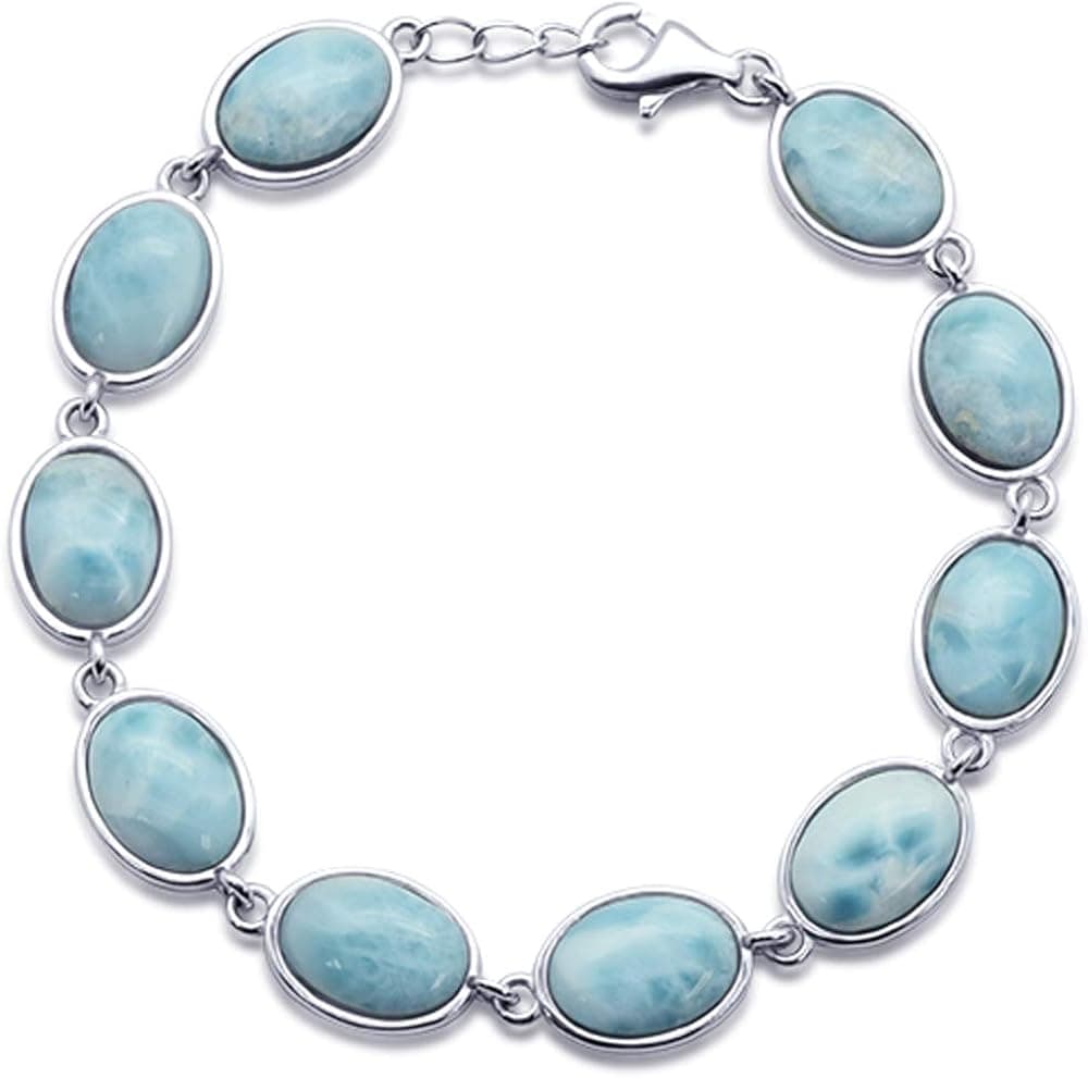 Oxford Diamond Co Sterling Silver Oval Cut Natural Larimar Bracelet 7.5" Long