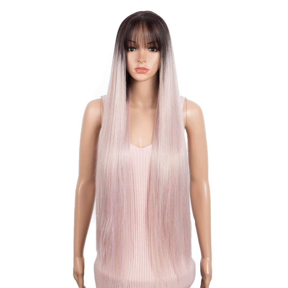 Style Icon 35” Long Straight Wig Ombre Pink Wig Middle Part Synthetic Wigs with Bangs Simulated Scalp High Temperature Fiber Heat Resistant Wig (35 Inches, TT4/AMBRS)