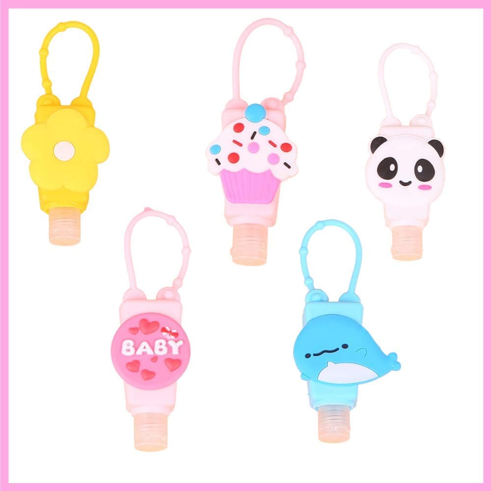 Pack 5 Portable Empty Bottles Hand Sanitizer Bottles Holder Cartoon 30ml Leak Proof Refillable Plastic Travel Bottles with Detachable Silicone Protective Case Liquid Soap Containers for Kids