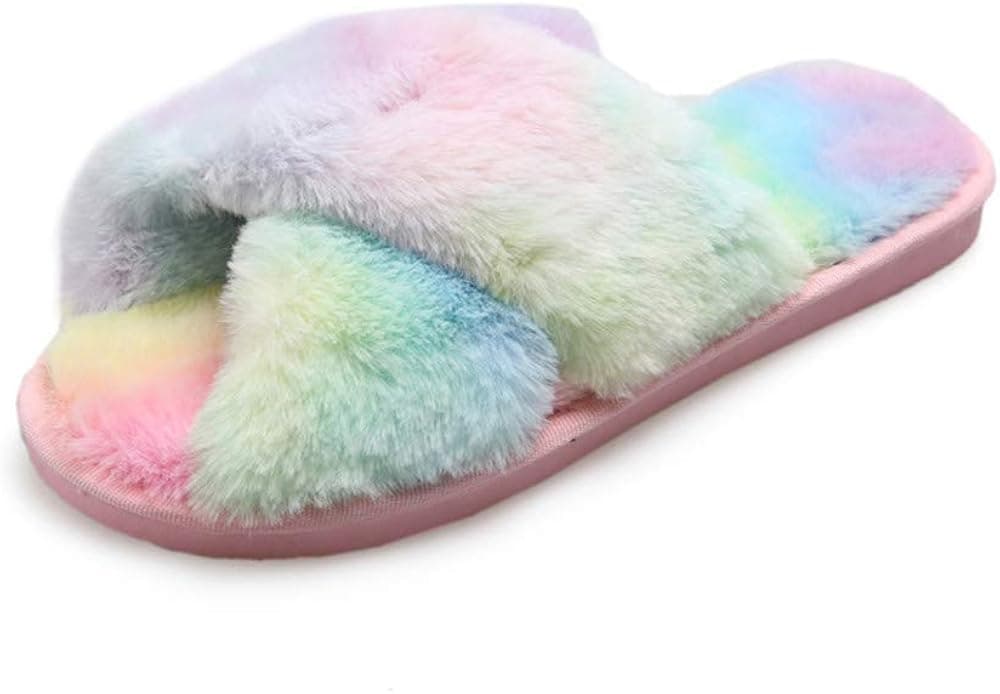 Womens Fuzzy Slippers Open Toe Soft Plush Furry Fleece Flats Slippers Cross Band Slip on Cozy House Bedroom Slide Shoes for Indoor OutdoorBeige Size6-7 Rainbow