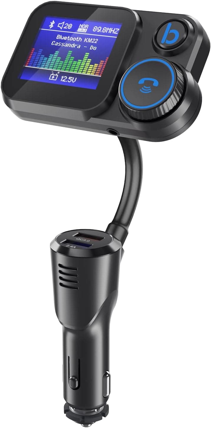 Bluetooth FM Transmitter for Car, Car Radio Adapter with 1.8 Color Screen, MP3 Music Player with QC3.0 & 5V/2.4A Charging, Black