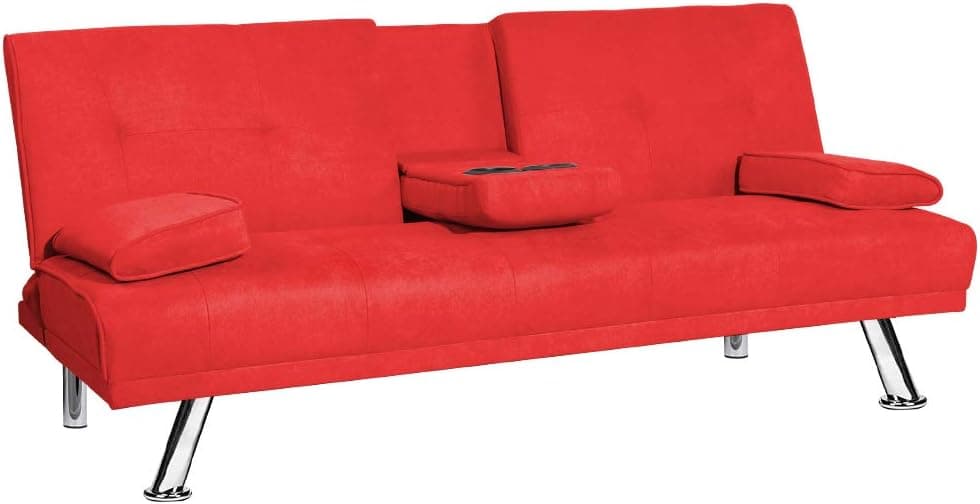 Recaceik Futon Couch Convertible Bed for Living Room,Love Seat Sleeper Sofa, 2 Cupholders-Red
