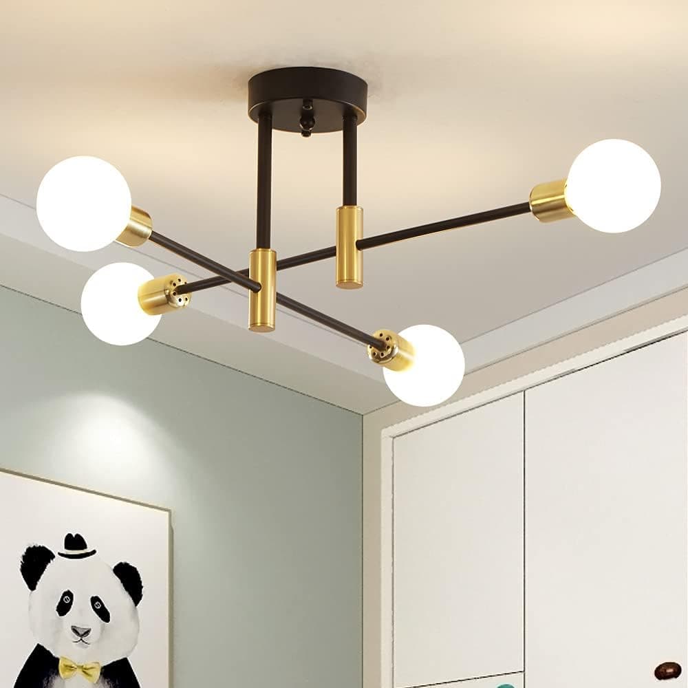Sputnik Chandelier Modern Ceiling Light Fixture Mid Century Black and Gold Industrial Pendant Light Semi Flush Mount Lighting for Living Room Dining Room Bedroom Kitchen Bar Cafe