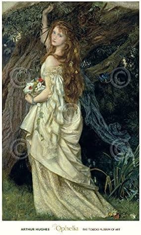 Ophelia 1865 a Fine Art Print by Arthur Hughes Hamlet Shakespeare , Image Size: 20x32, Overall Size: 24x36
