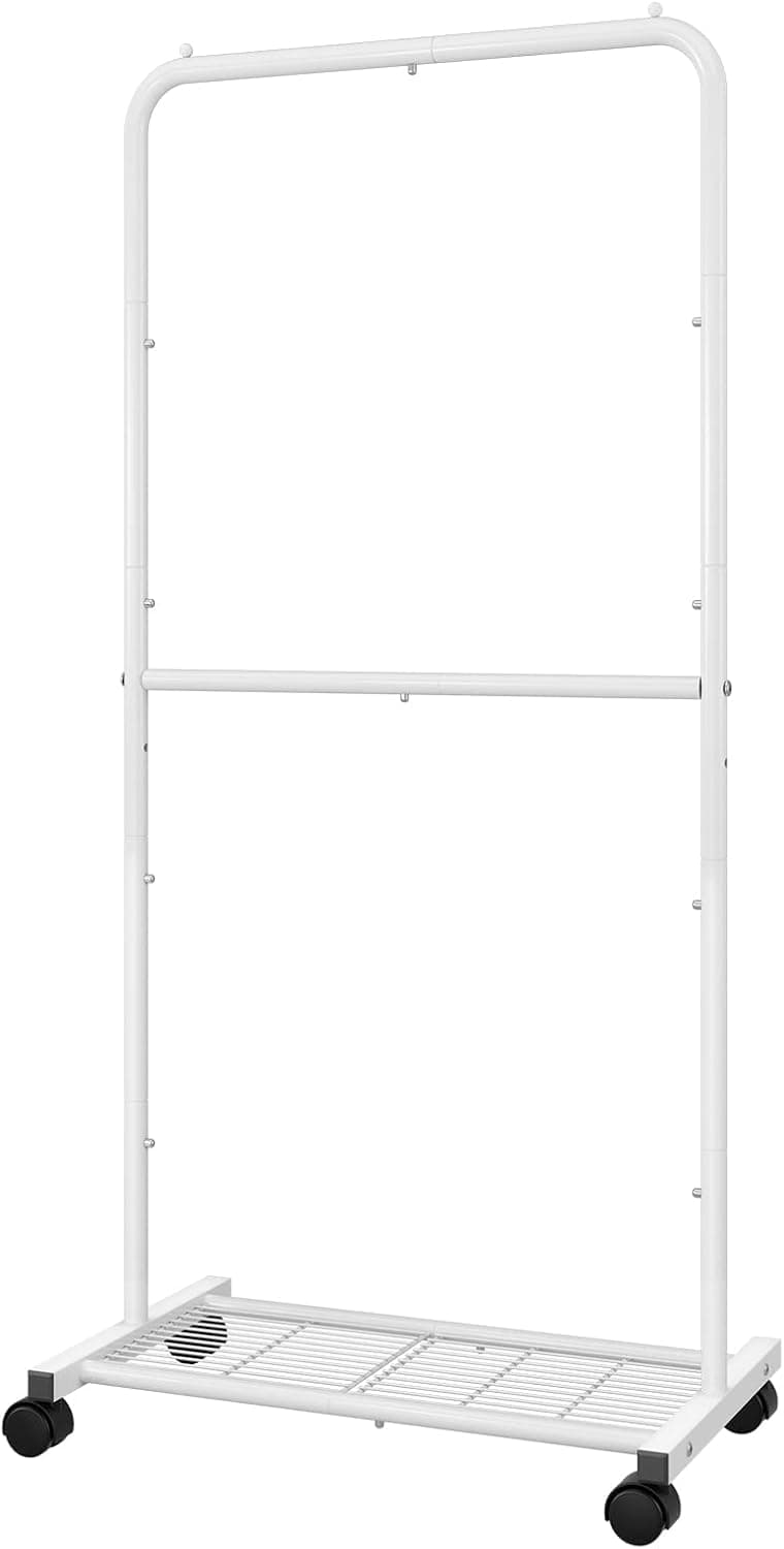 Simple Trending Double Rod Adjustable Clothing Garment Rack, Rolling Clothes Organizer on Wheels for Hanging Clothes, White