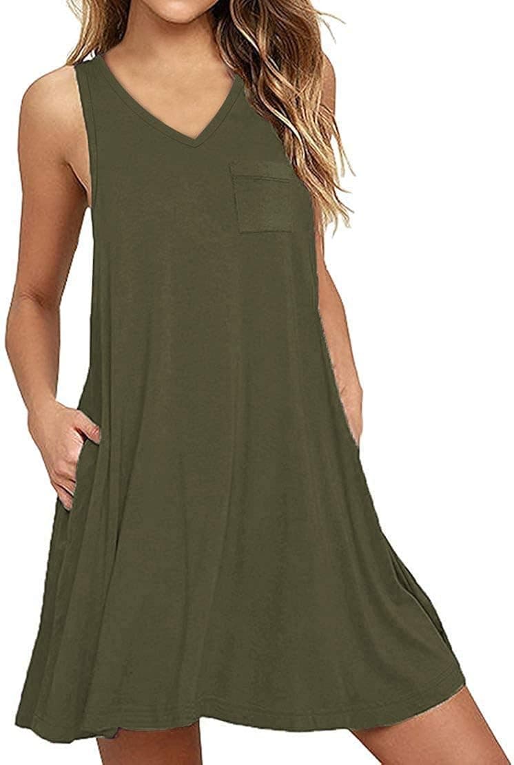 Yanekop Womens Summer Sleeveless Swing T-Shirt Dress Beach Loose Tank Dress with Pockets(Army Green,XL)
