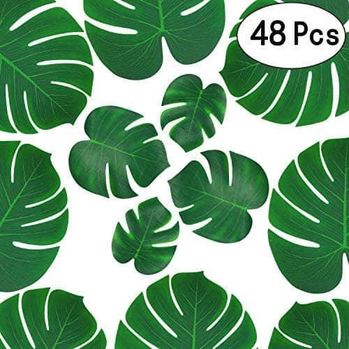 Tropical Green Palm Monstera Leaves Summer Hawaiian Jungle Beach Fabric Leaves Luau Safari Party Supplies Decorations, 48pc