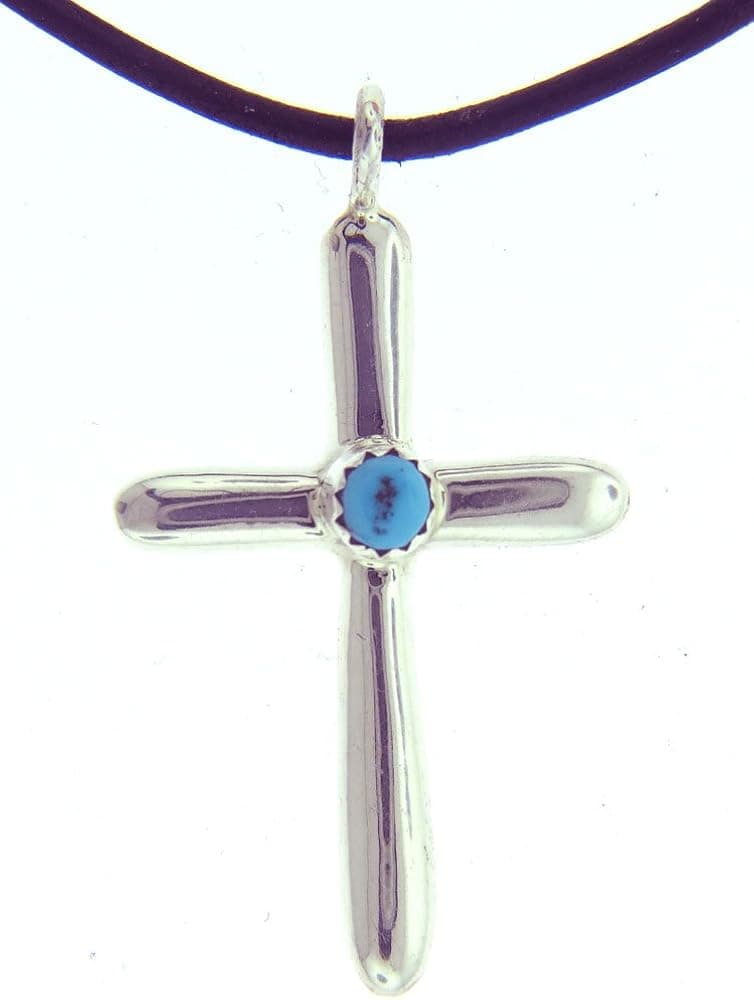 Made in the USA by Navajo artist Pauline Nelson Beautiful! Sterling-silver Navajo Turquoise Cross Leather Rope Pendant-necklaces