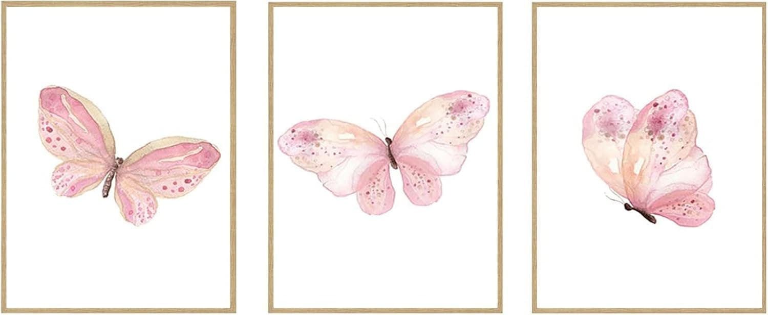 TMTYKHCY Cartoon Canvas Wall Art 3 Pieces Nursery Painting Pink Butterfly Posters and Prints Nordic Wall Pictures for Girls Kids Room Decoration with Framed-30x40cmx3Pcs