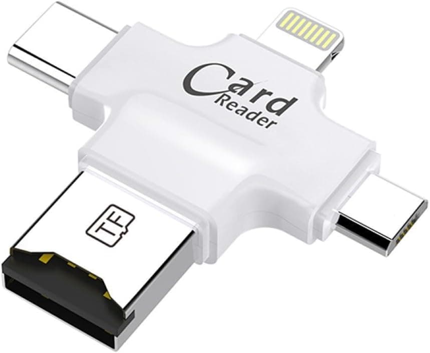Card Reader 4 in 1 Multifunction Micro SD Card Reader with Type C USB Lightning Connector OTG HUB Adapter, TF Flash Memory Card Readers for iPhone, iPad, Mac, PC, Android Phones (White)