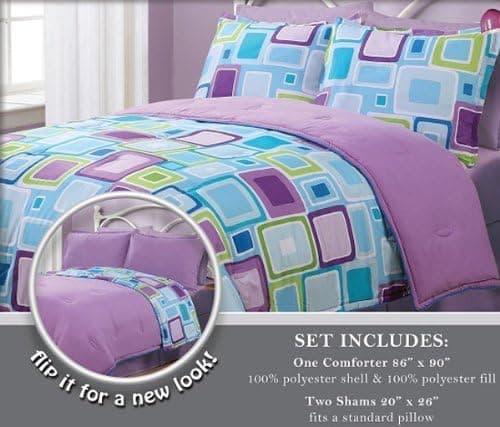3 Pieces Reversible Purple, Blue, and Light Grey Geo Square Comforter and 2 Sham Set Queen Size Bedding